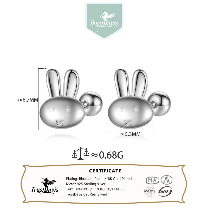 Trustdavis Real 925 Sterling Silver Rabbit Animal Cat Stud Earrings for Women Wedding Party Fine Jewelry DS4375