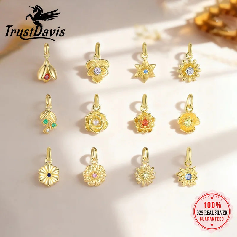 Trustdavis Real 925 Sterling Silver Feshion Simple 12 Months Birth Flower Pendant DIY for Women Girls Fine Jewelry DS4742