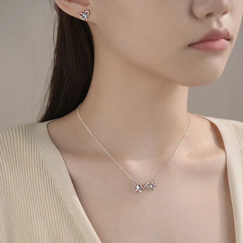 TrustDavis 925 Sterling Silver Women's Fashion Butterfly Moonstone Necklace and Earring Set for Women Girls Jewelry Gift DS4302