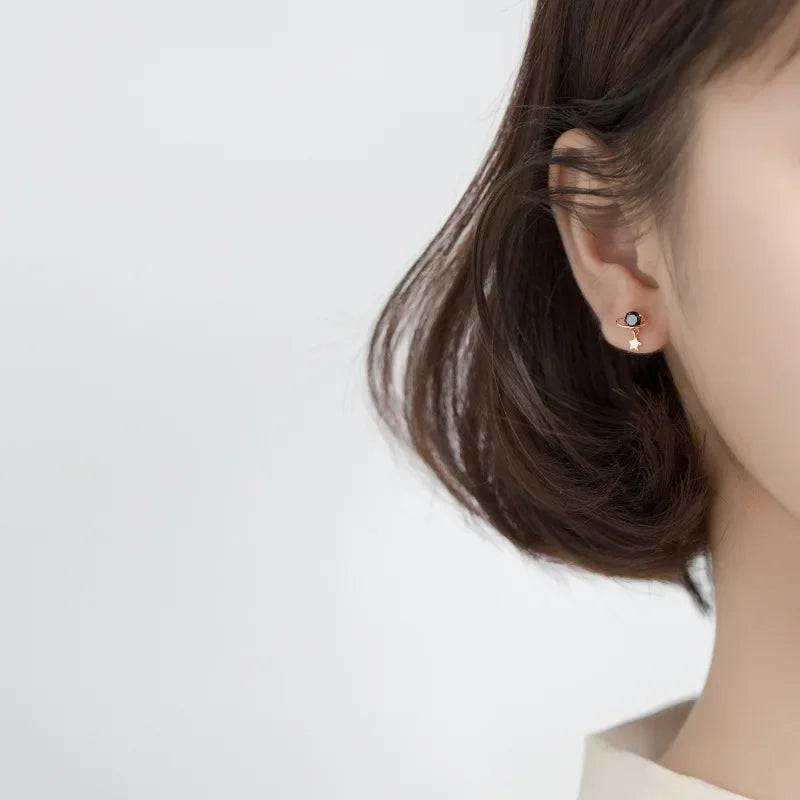 Black CZ Stone Star Planet Stud Earrings DA788