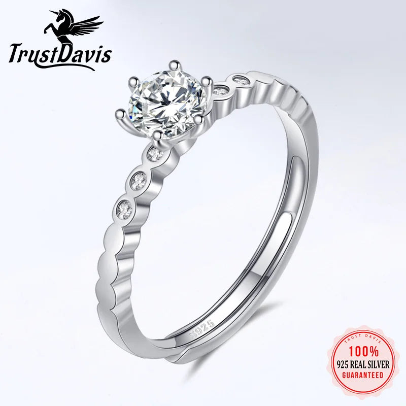 TrustDavis Real 925 Sterling Silver Shiny Zircon Adjustable Rings For Women Wedding Anniversary Gift Fine Fashion Jewelry DF047