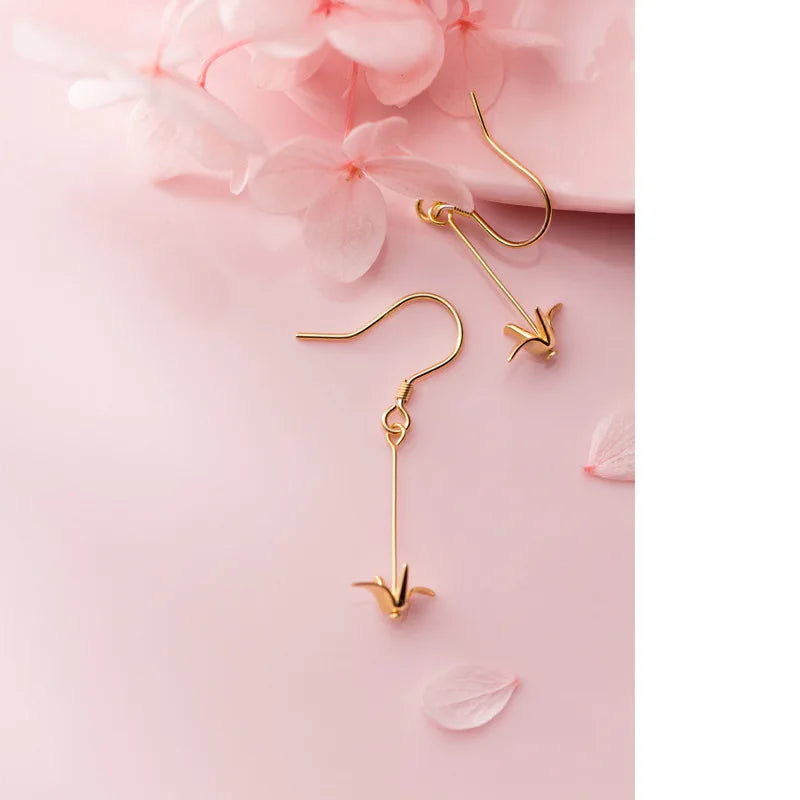 925 Sterling Silver Lovely Paper Crane Sweet Long Dangle Earrings DT53