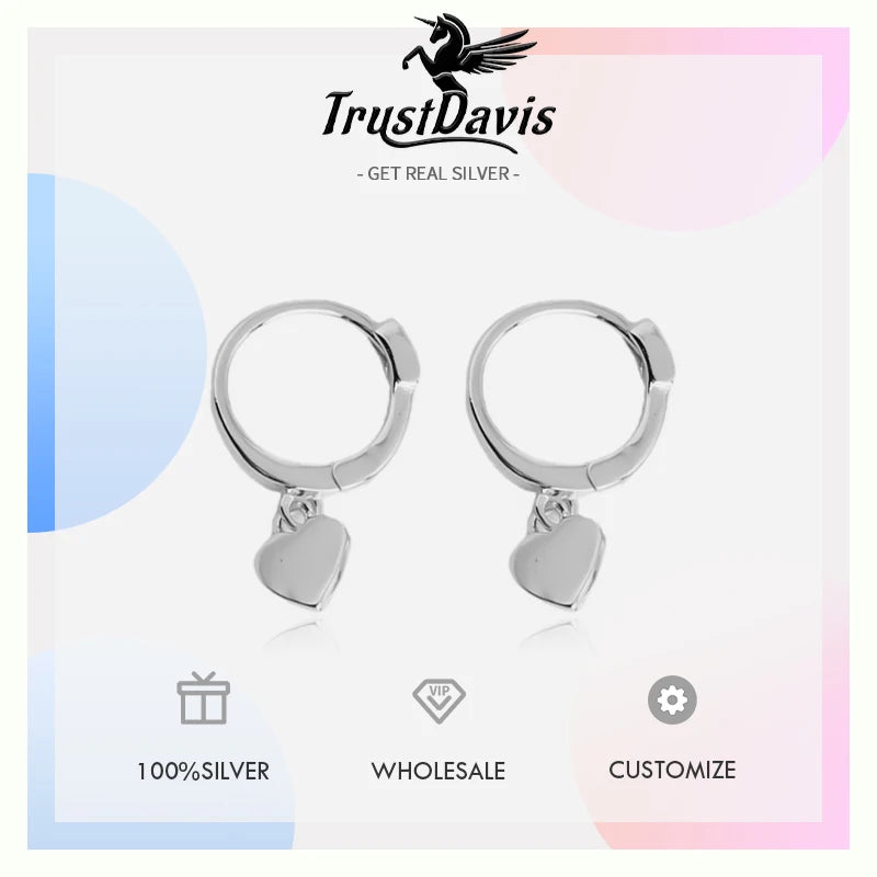 TrustDavis Authentic 925 Sterling Silve Fashion Romantic Heart Charm Hoop Earrings For Women Wedding Party Fine Jewelry DA2114
