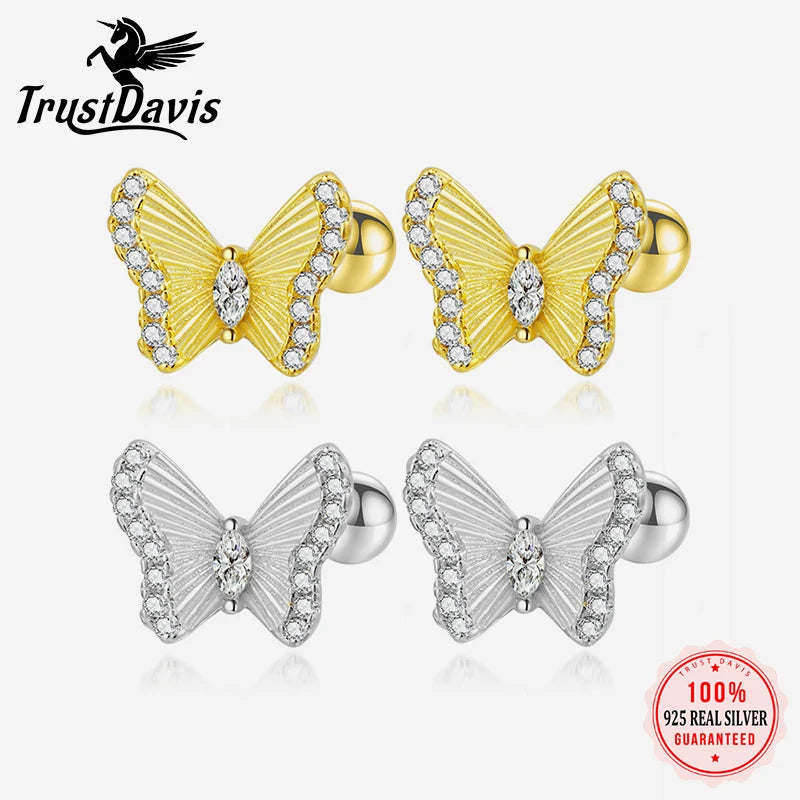 TrustDavis 2024 Real 925 Sterling Silver Sweet Butterfly Zircon Screw Stud Earrings For Daughter Girls Fine Jewelry Gift DS4595