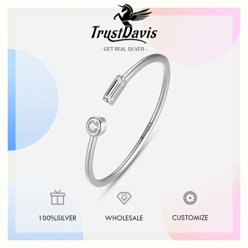 TrustDavis Real 925 Sterling Silver 18K Gold Square Round CZ Opening Rings For Women Wedding Anniversary Fine Jewelry DE0041