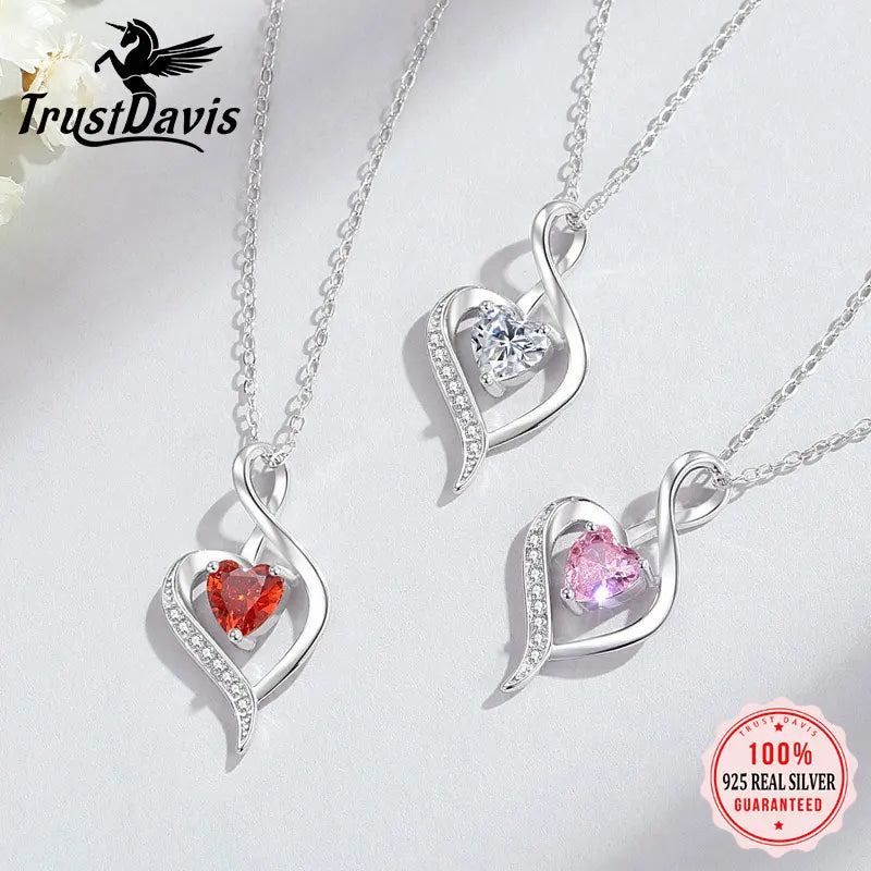 TrustDavis 925 Sterling Silver Women's Heart Shaped with Heart Diamond Necklace for Mother's Day Birthday Gift Jewelry DS4193