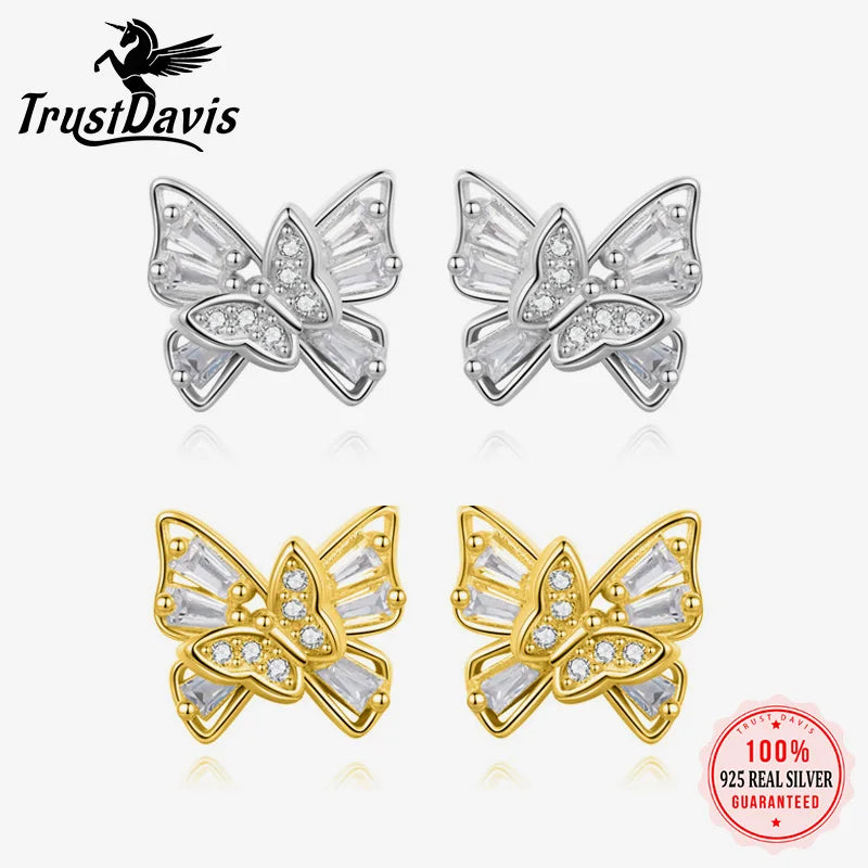 TrustDavis Real 925 Sterling Silver Cute Butterfly Stud Earrings for Women School Girls Daughter's Jewelry DS4118