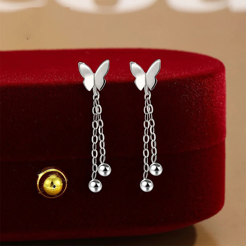 TrustDavis Real 925 Sterling Silver Women's Butterfly Earrings Sweet Butterfly Tassel Earrings for Women Gift Jewelry DS4472