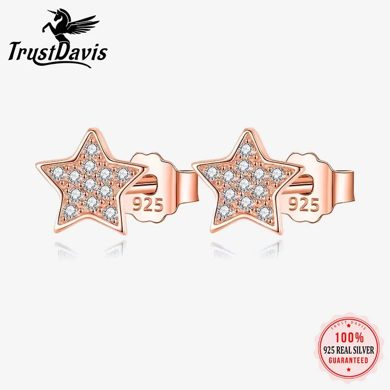 TrustDavis Genuine 925 Sterling Silver Sweet Dazzling Cute Star CZ Stud Earrings For Women Wedding Jewelry Gift DS2185