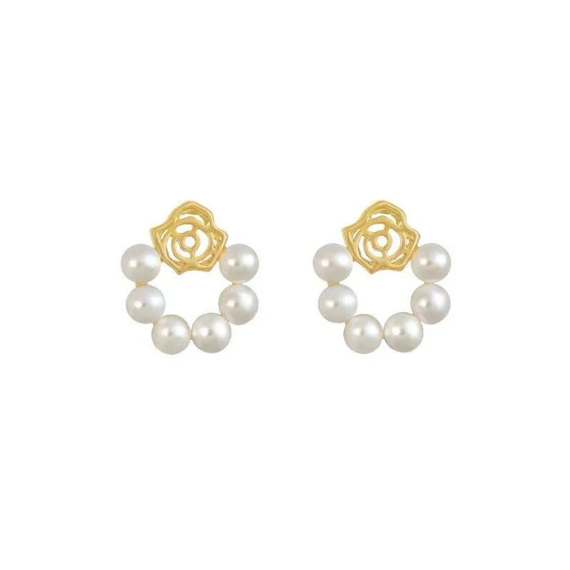 TrustDavis 925 Sterling Silver Women's Rose Earrings Fashion Vintage Pearl Rose Earrings for Women Girls Jewelry Gift DS4306