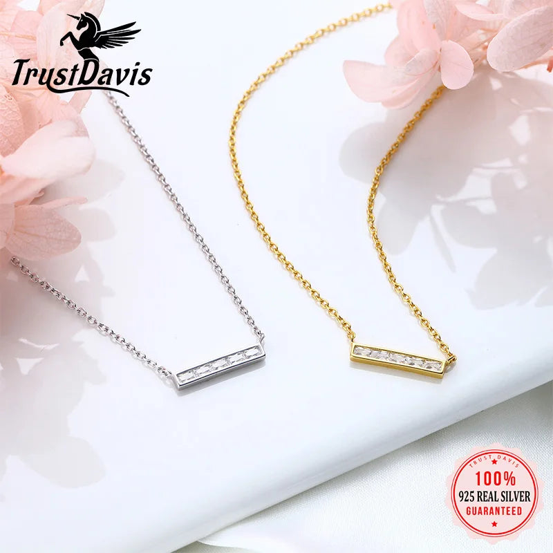 TrustDavis Real 925 Sterling Silver Women's Fashion Simple Square Bar with Zircon Necklace for Women Girls Gift Jewelry DS4234