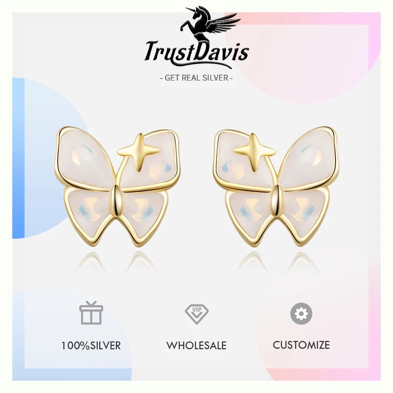 Real 925 Sterling Silver Sweet White Glazed Butterfly Stud Earrings DS4126