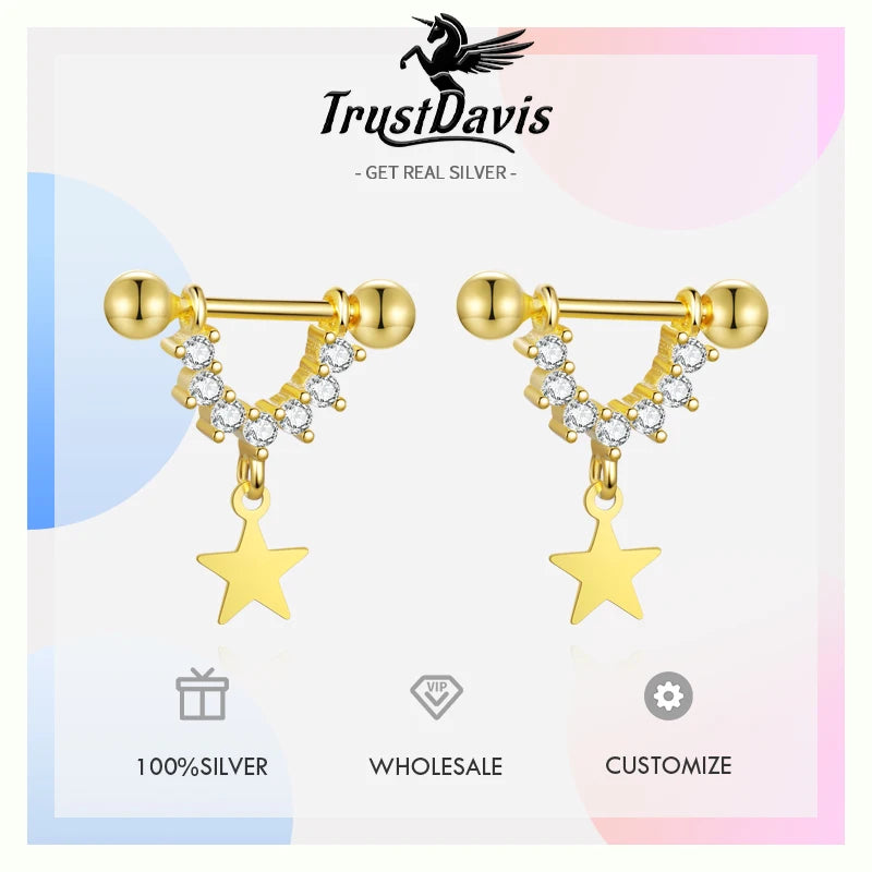 Trustdavis Girls Real 925 Sterling Silver Fashion U-shaped Star Stud Earrings Women Birthday Party Gift Jewelry DS4111