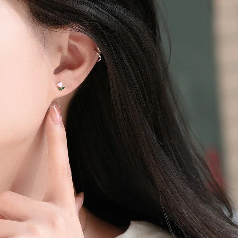 TrustDavis Real 999 Sterling Silver Cute Heart Flower Stud Earrings for Women Young Daughter Birthday Party Gift DS4649