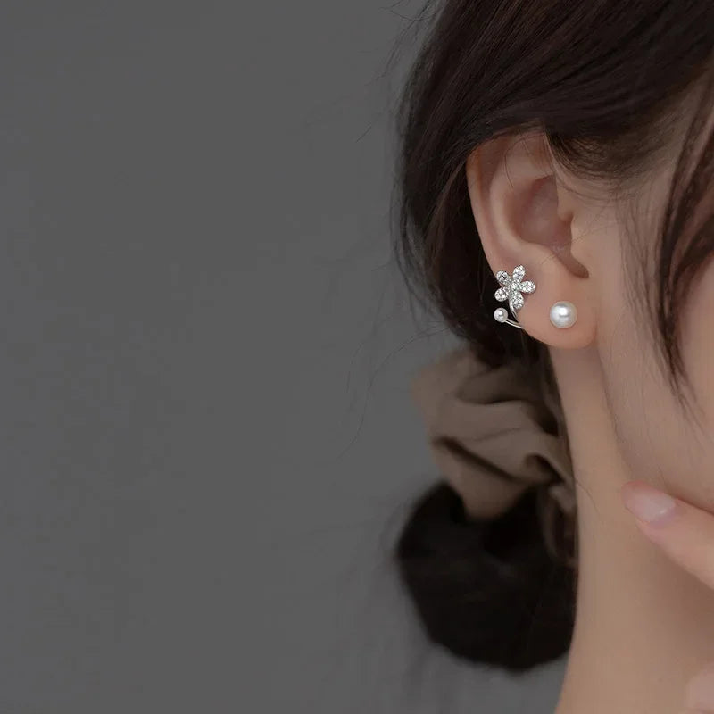 TrustDavis Real 925 Sterling Silver Synthesis Pearl Sweet Flower Zircon Stud Earrings For Women Wedding Fine 925 Jewelry DE0295
