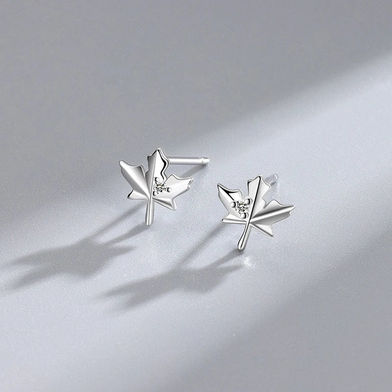 TrustDavis 925 Sterling Silver Women's Fashion Simple Zirconia Maple Leaf Stud Earrings for Women Girls Jewelry Gift DS4281
