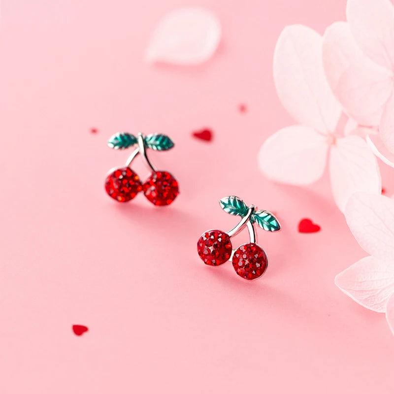 Trusta Genuine 925 Sterling Silver Fashion Sweet Red CZ Cherries Stud Earring For Women Wedding Silver 925 Jewelry Gift DA600