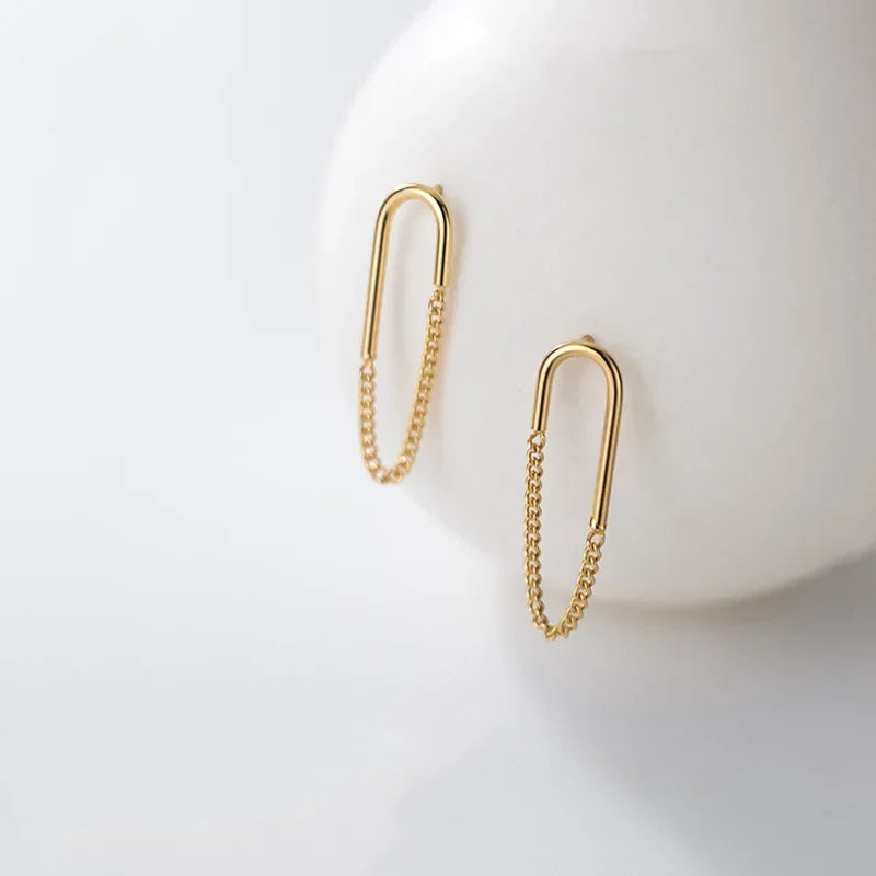 TrustDavis Genuine 925 Sterling Silver Fashion Ellipse Chain Charm Stud Earrings For Women Wedding Valentine's Day Jewelry DB016