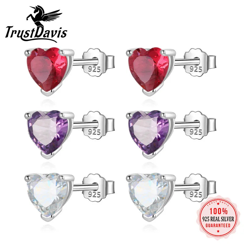 TrustDavis 2024 Real 925 Sterling Silver Colorful Heart-shaped Zircon Stud Earrings For Women Wedding Fine 925 Jewelry DS4497