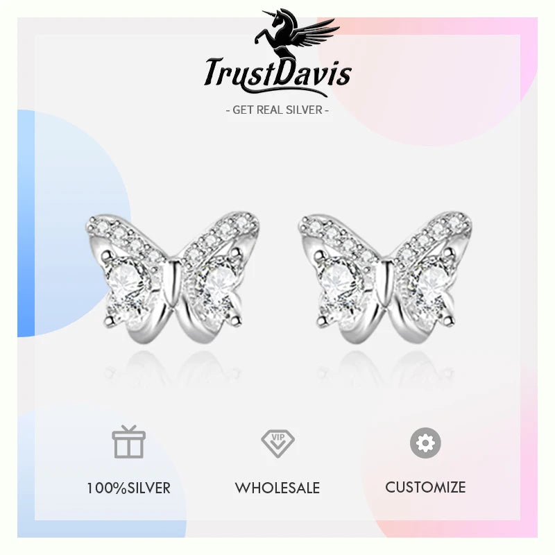 TrustDavis Real 925 Sterling Silver Sweet Heart Studded Diamond Bow Stud Earrings for Women Girls Birthday Gift Jewelry DA1637