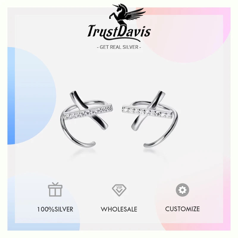 Trusta Fashion 925 Sterling Silver X Letter Dazzling CZ Ear Bones Ear Buckle Ring Tightly Packed Mini Double Ring Earring DS2489