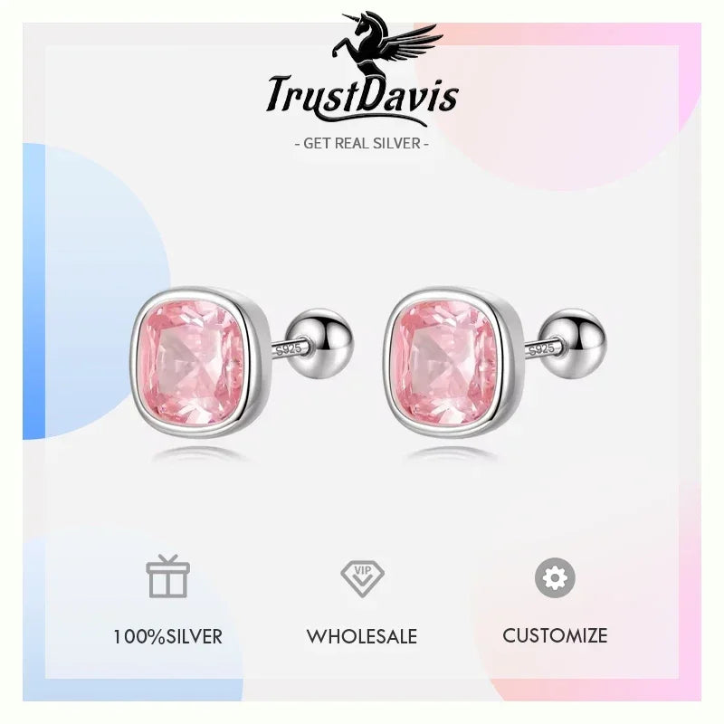 TrustDavis Real 925 Sterling Silver Sweet Geometric CZ Screw Stud Earrings for Women Girls Birthday Fine Jewelry DS4052