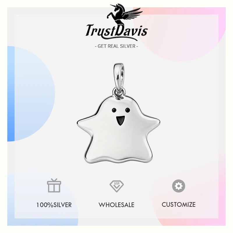TrustDavis Real 925 Sterling Silver Personality Cute Ghost Halloween Charm Pendant Handmade DIY Accessories Jewelry DZ1810