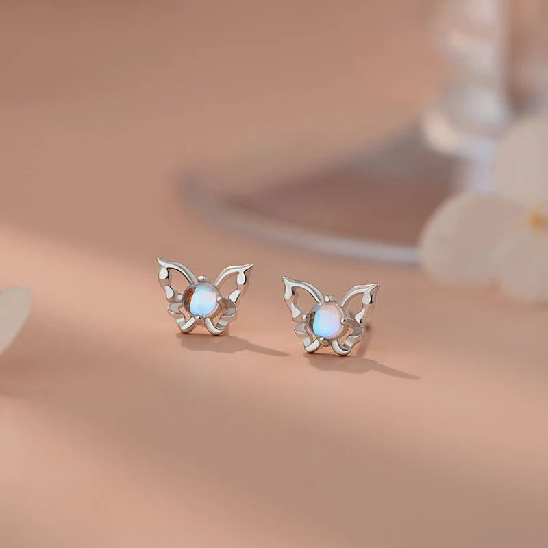 TrustDavis 925 Sterling Silver Women's Fashion Butterfly Moonstone Necklace and Earring Set for Women Girls Jewelry Gift DS4302