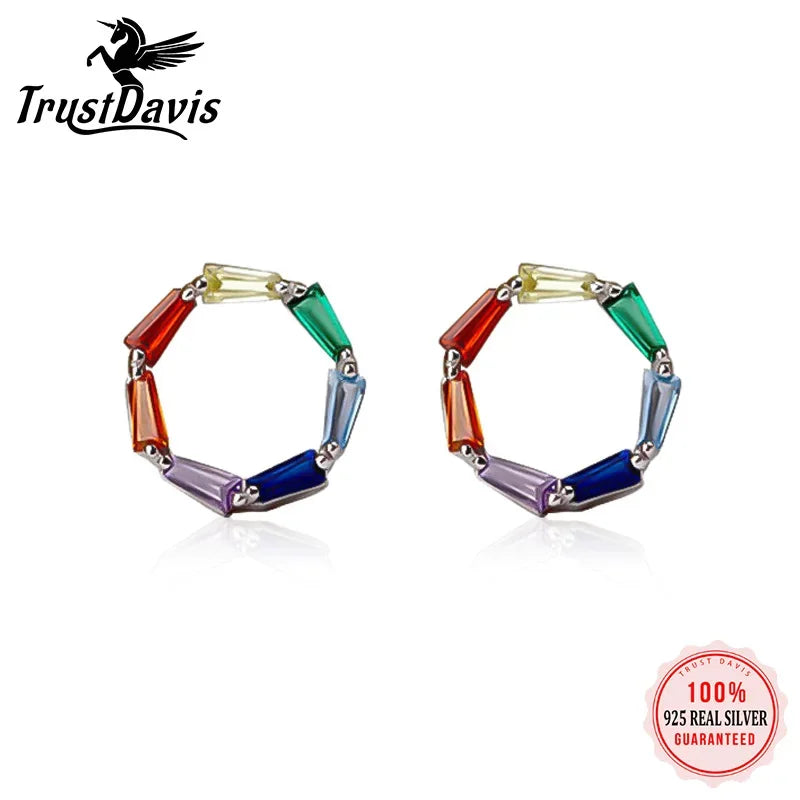 TrustDavis Real 925 Sterling Silver Earring Colorful CZ Stud Earrings for Women Teen 925 Silver Fine Jewelry DS3435