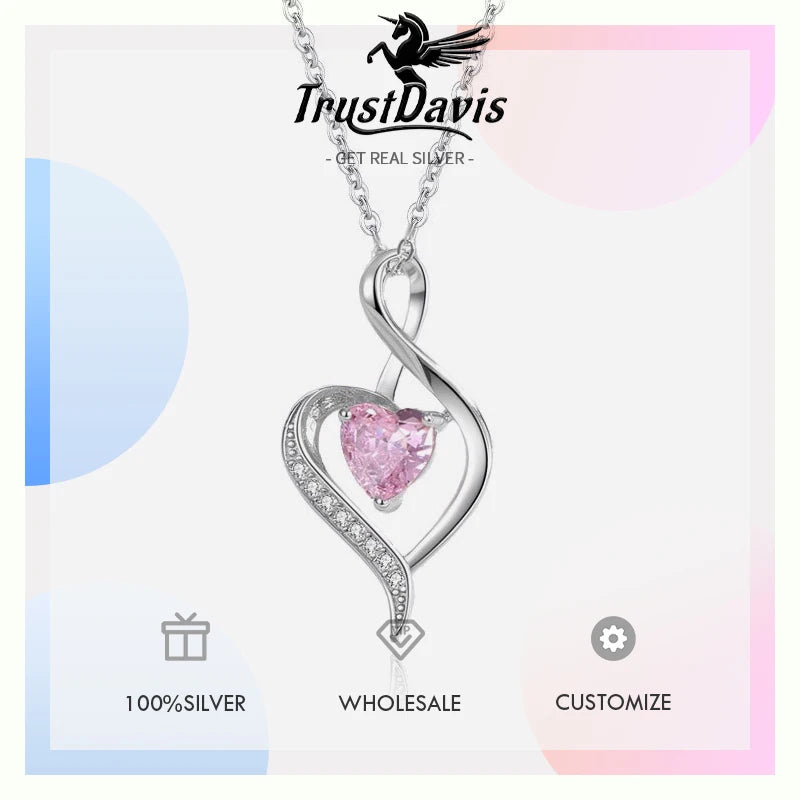 TrustDavis 925 Sterling Silver Women's Heart Shaped with Heart Diamond Necklace for Mother's Day Birthday Gift Jewelry DS4193