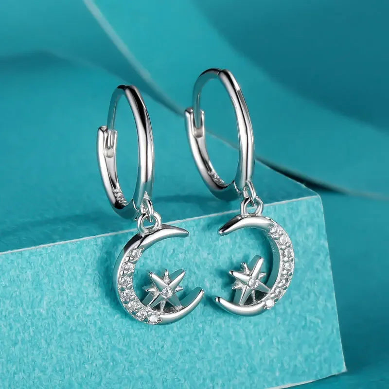 Real 925 Sterling Silve Fashion Asymmetric Star Moon Pendant Hoop Earrings DA2646