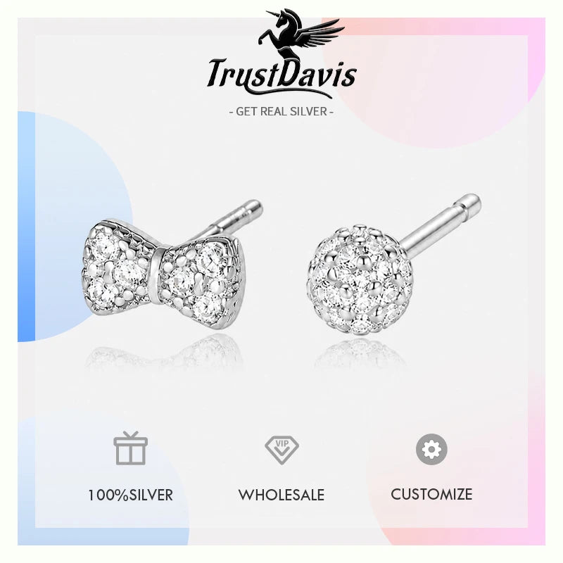 Round and Bow Zircon Stud Earrings DS4914