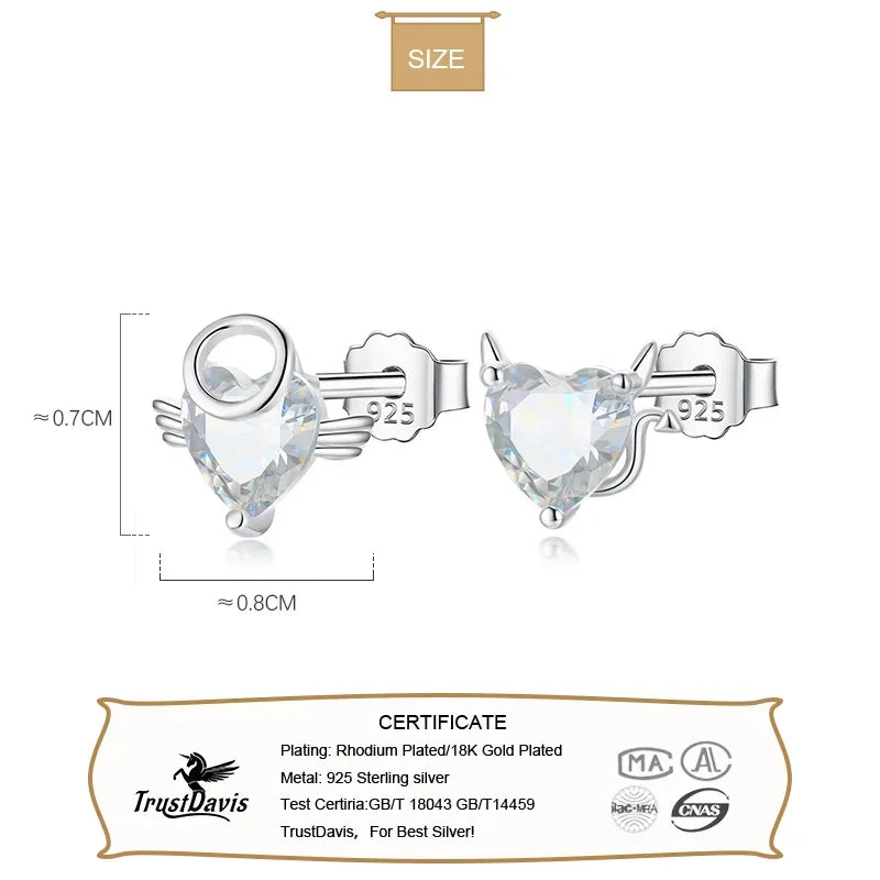 TrustDavis Real 925 Sterling Silver Stud Earrings for Women Asymmetrical Heart Shiny CZ Wedding Valentine's Day Jewelry DA2859