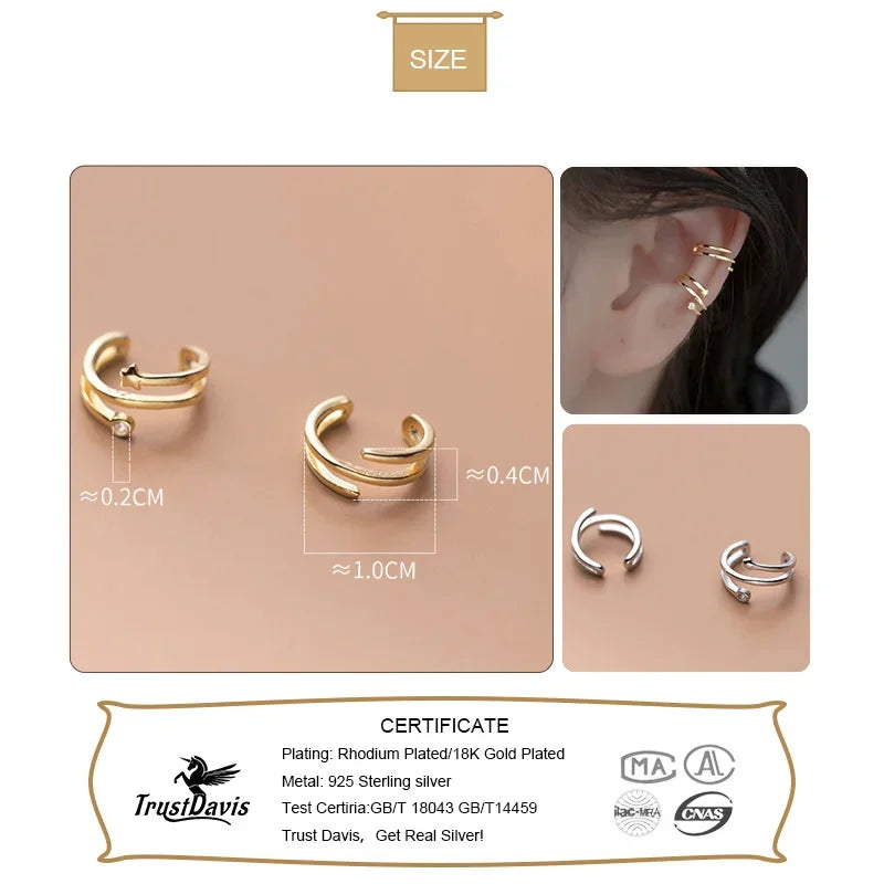 TrustDavis Real 925 Sterling Silver Fashion Sweet 3 Layer Star CZ Charm Clip Earrings For Women Wedding Party Jewelry DA2467