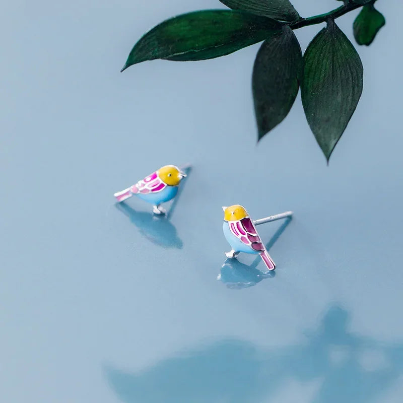 Trustdavis 100% 925 Sterling Silver Women's Jewelry Fashion Cute Color Birds Stud Earrings For Women Daughter Girls Gift DA303