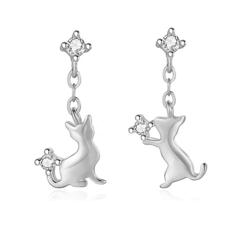 TrustDavis Real 925 Sterling Silver Cute Asymmetric Cats CZ Stud Earring For Women Daughter Birthday Gift Fine Jewelry DS4620