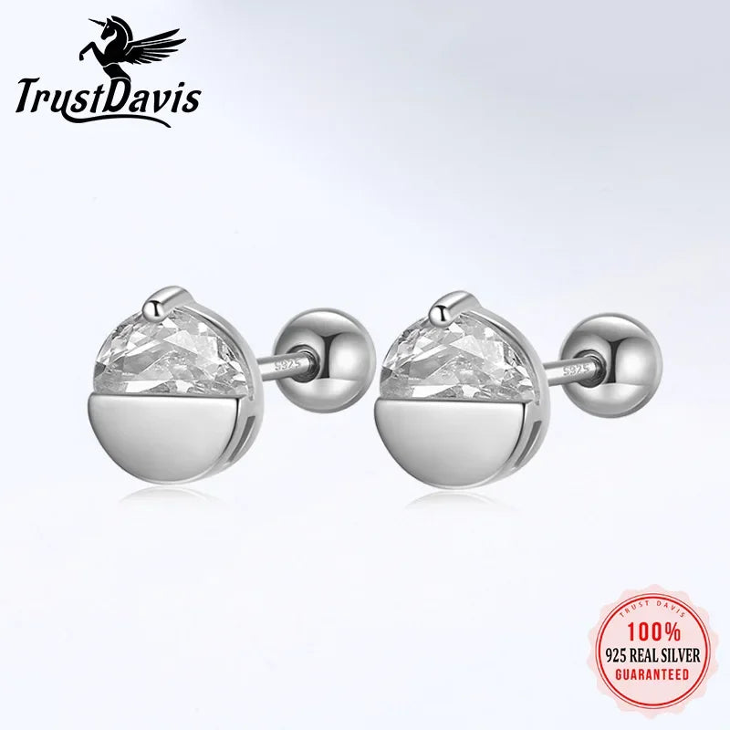 TrustDavis Real 925 Sterling Silver Semicircle CZ Screw Stud Earrings For Women Children Baby Girls Kid Minimalist Jewelry DS931