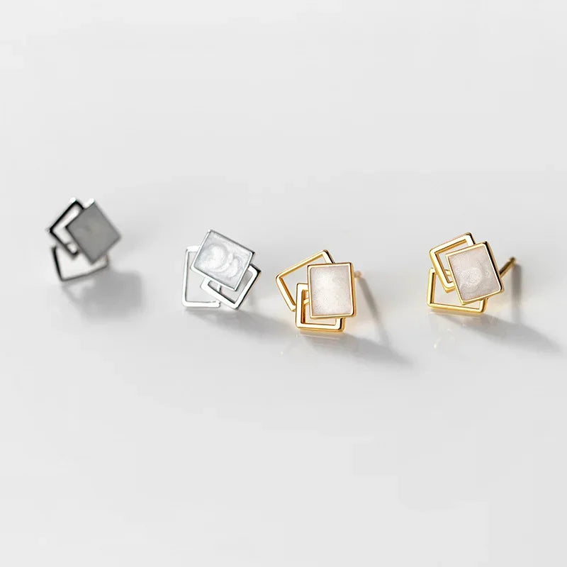 TrustDavis Genuine 925 Sterling Silver Fashion Sweet Geometric Hollow Square Glaze Stud Earring For Women Jewelry Gift DB1222