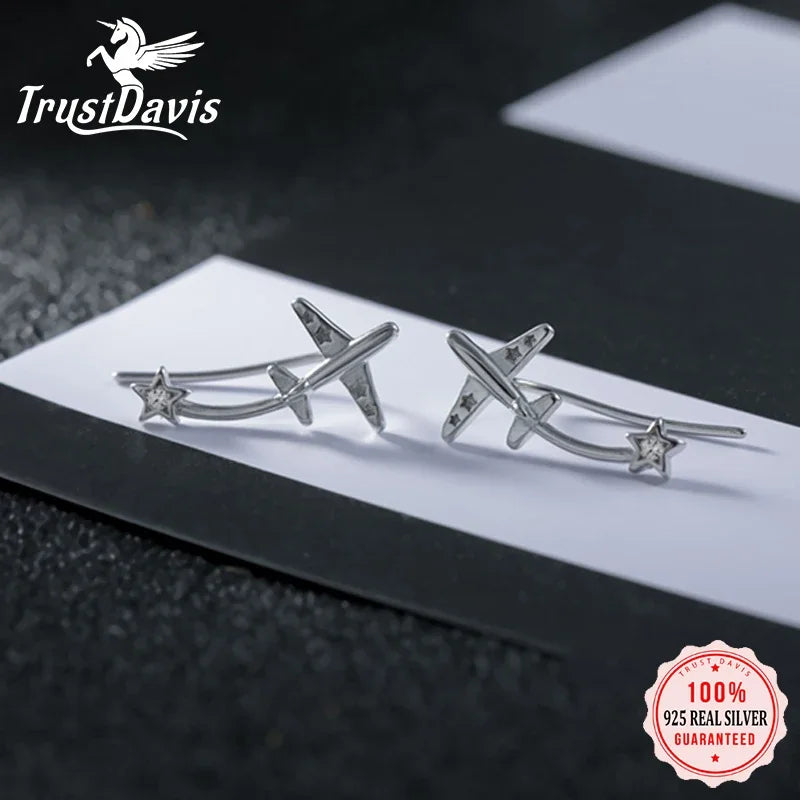 Real 925 Sterling Silver Fashion Plane Star Ear Hook Charm Stud Earrings H072
