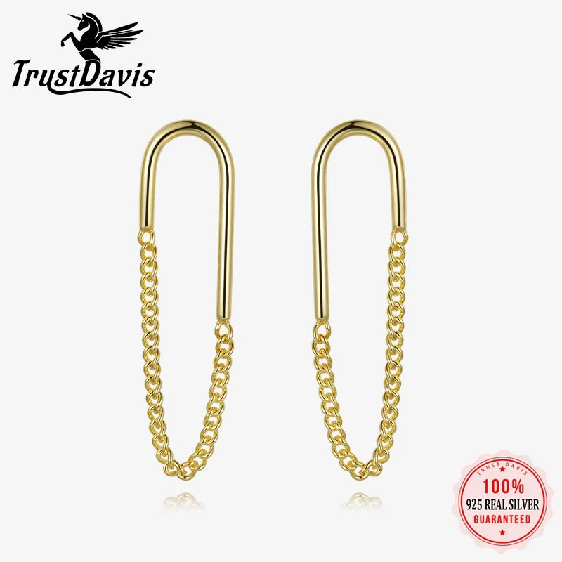 TrustDavis Genuine 925 Sterling Silver Fashion Ellipse Chain Charm Stud Earrings For Women Wedding Valentine's Day Jewelry DB016
