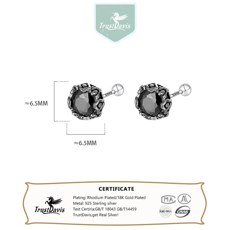 TrustDavis 925 Solid Real Sterling Silver Retro Fashion Screw Stud Earrings for Women Men Silver Jewelry DS4161