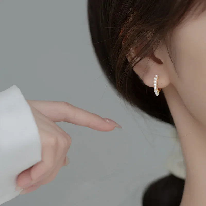 TrustDavis Real 925 Sterling Silver Hoop Earrings For Women Wedding Christmas Synthesis Pearl Gold Fine Silver Jewelry DA2819