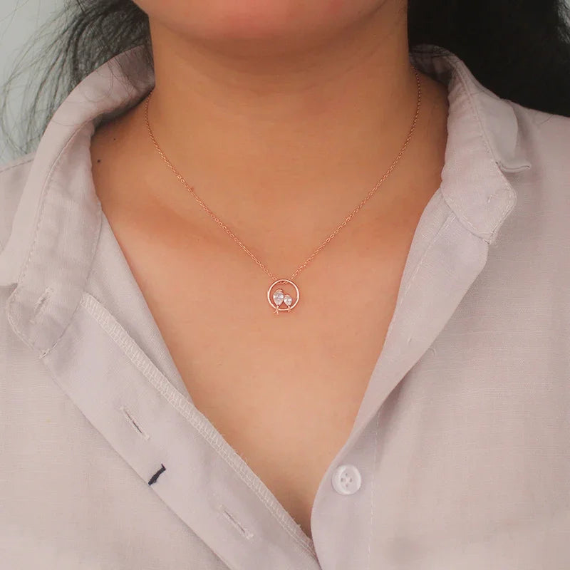 TrustDavis 100% 925 Sterling Silver Dazzling Birds Fall in Love CZ Pendant Necklace for Women Girl Silver 925 Jewelry DA462