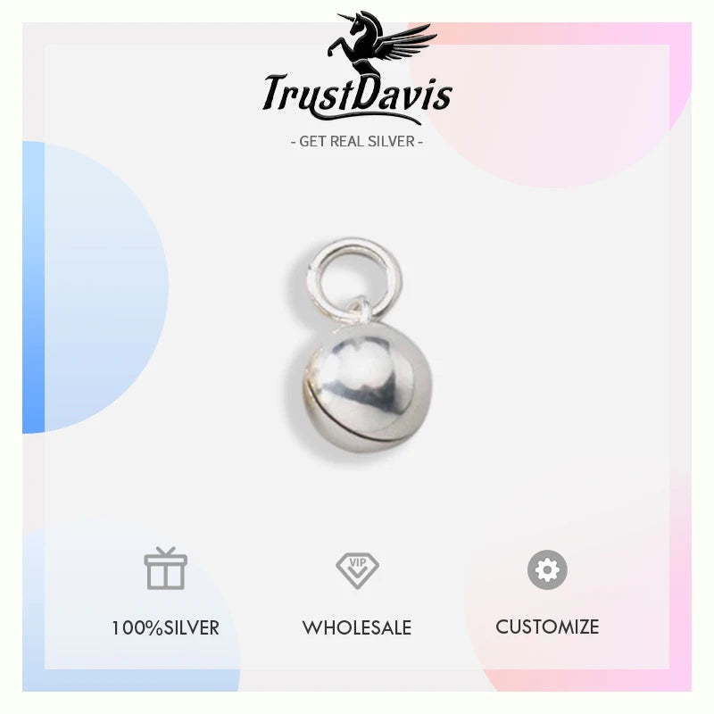 TrustDavis Real 925 Sterling Silver Glossy Round Small Bell Charm Pendant Handmade DIY Accessories Jewelry Wholesale DZ1792