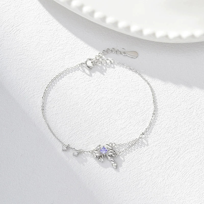 TrustDavis 925 Sterling Silver Women's Fashion Simple Smart Bowknot Zircon Bracelet for Women Girls Jewelry Gift DS4441