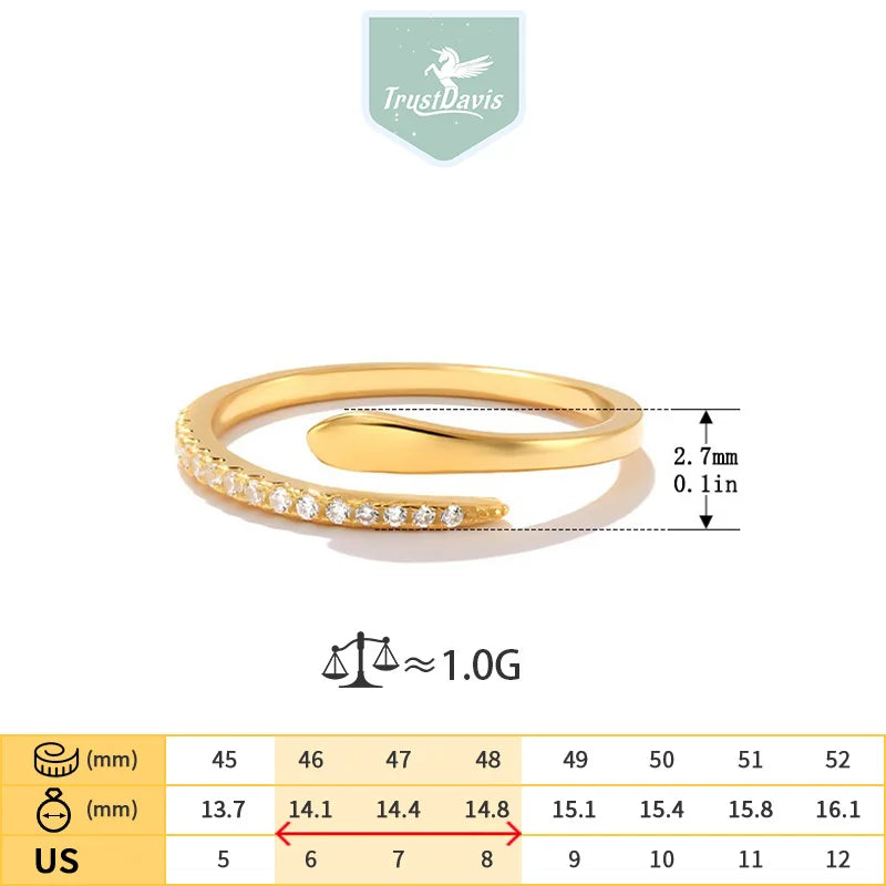 TrustDavis Real 925 Sterling Silver Ring Fashion Simple Snake-shaped Zircon Adjustable Ring for Women Girl Jewelry Gift DS4656