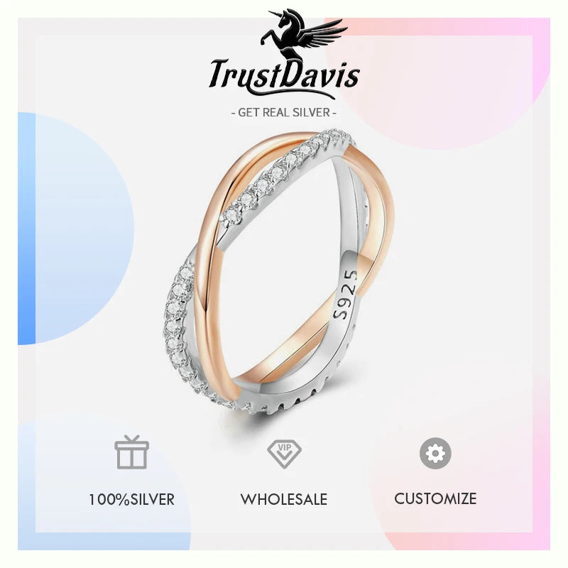 TrustDavis Real 925 Sterling Silver Women's Fashion Simple Double-wrap Two-tone Ring for Women Girls Fine Jewelry Gift DS4681