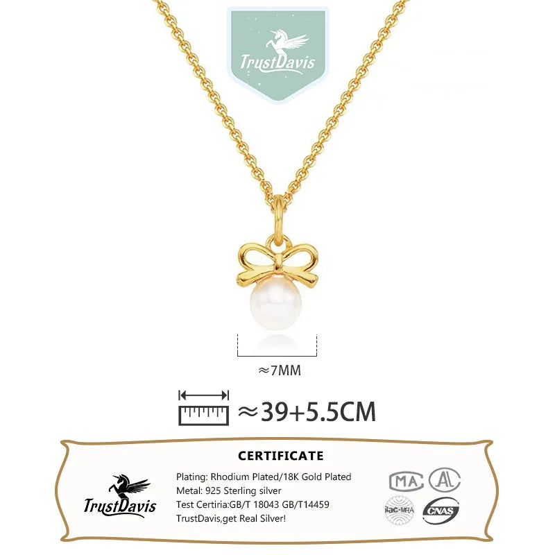 TrustDavis Real 925 Sterling Silver Fashion Personality Pearl Bow Necklace for Women Wedding Party S925 Jewelry DA1630