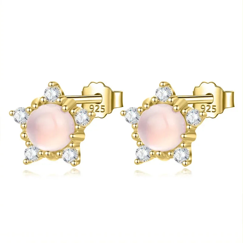 Real 925 Sterling Silver Pink Cat's Eye Star Stud Earrings DA2974