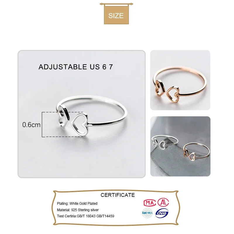 925 Sterling Silver Hollow Heart Cocktail Opening Finger Ring DA85